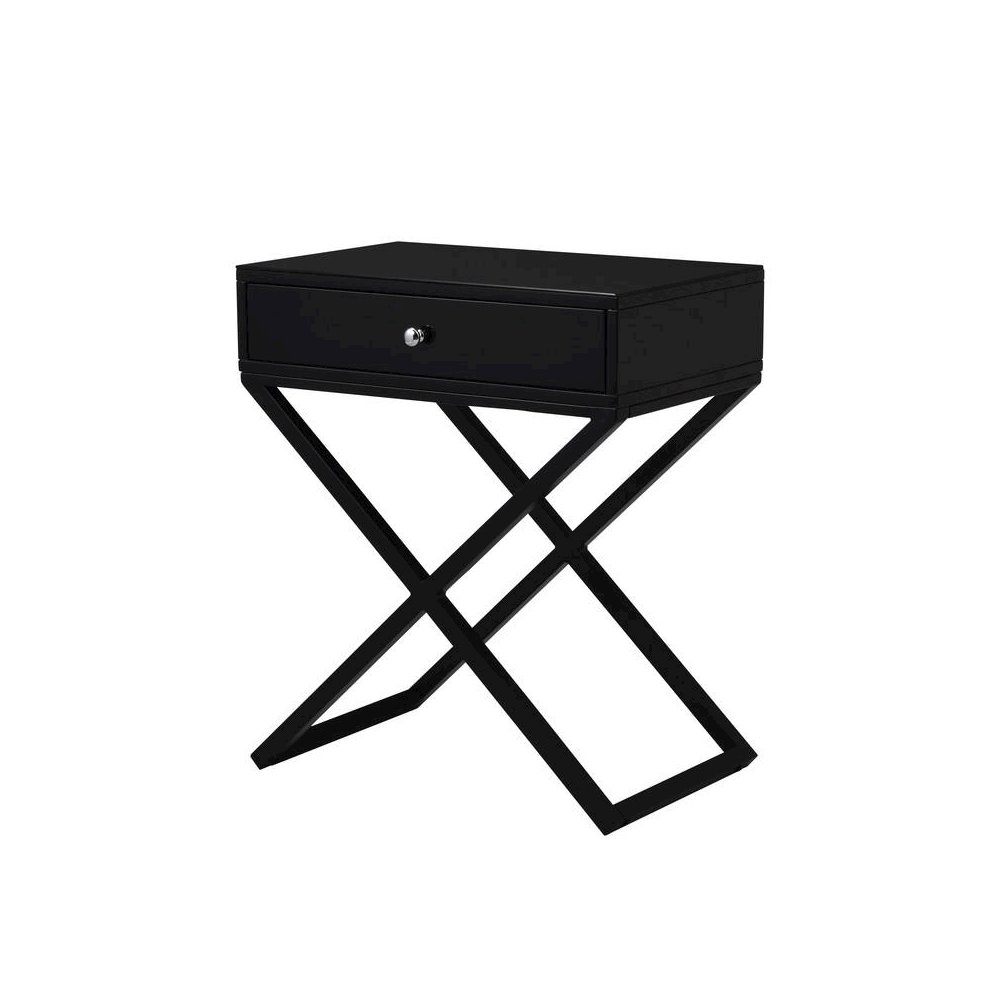Koda Black Wooden End Side Table Nightstand with Glass Top