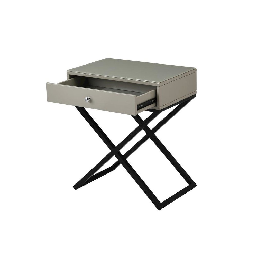 Koda Taupe Wooden End Side Table Nightstand with Glass Top