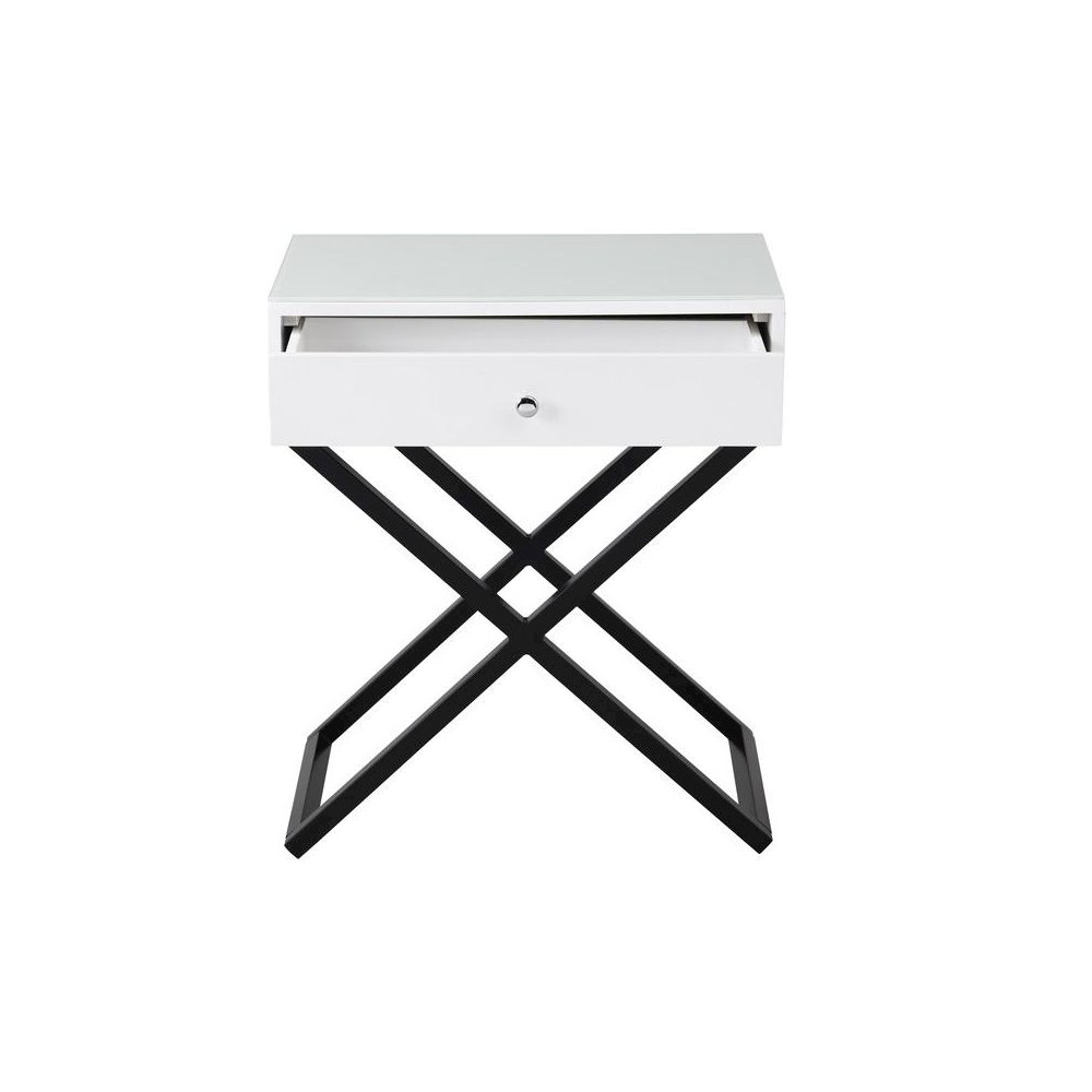 Koda White Wooden End Side Table Nightstand with Glass Top