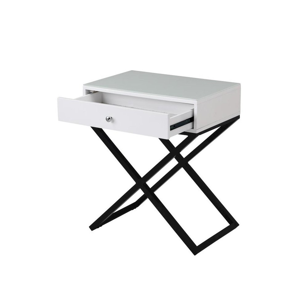 Koda White Wooden End Side Table Nightstand with Glass Top