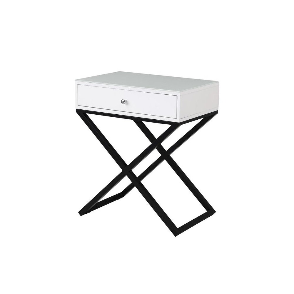 Koda White Wooden End Side Table Nightstand with Glass Top