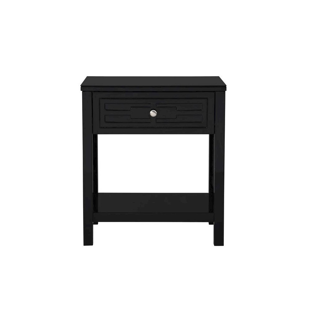 Dylan Black Wooden End Side Table Nightstand with Glass Top and Drawer