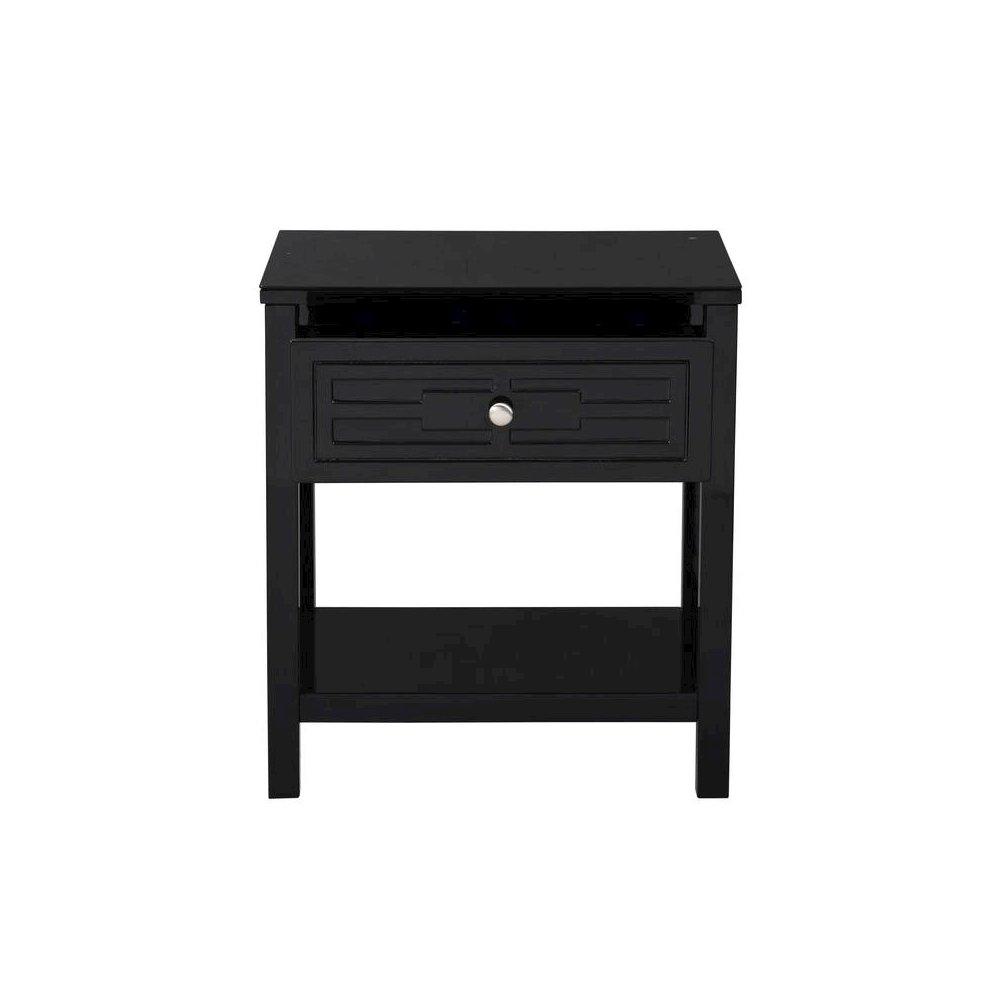 Dylan Black Wooden End Side Table Nightstand with Glass Top and Drawer