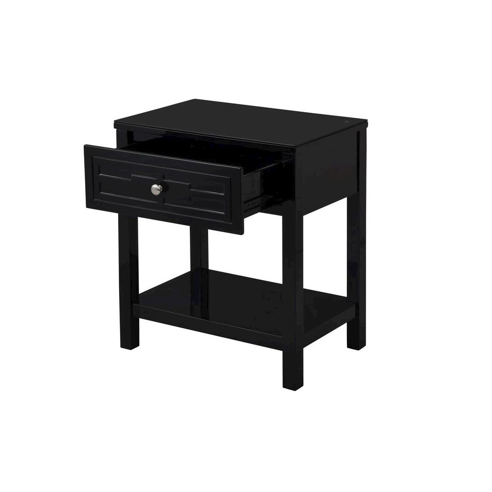 Dylan Black Wooden End Side Table Nightstand with Glass Top and Drawer