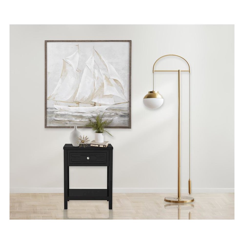 Dylan Black Wooden End Side Table Nightstand with Glass Top and Drawer