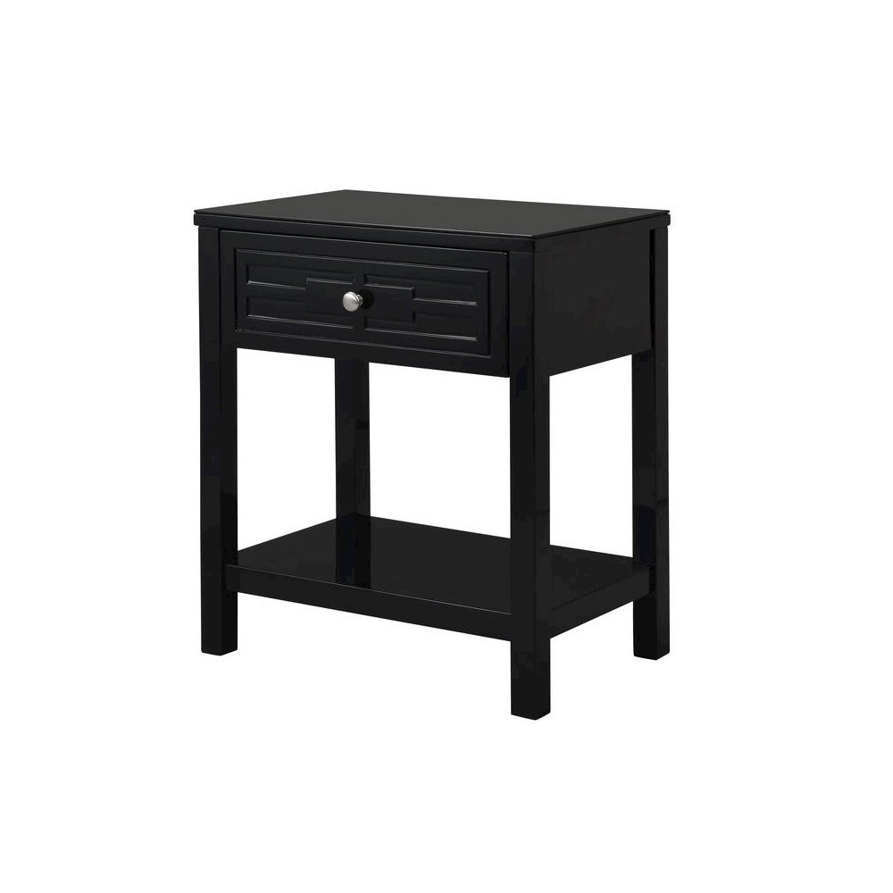 Dylan Black Wooden End Side Table Nightstand with Glass Top and Drawer