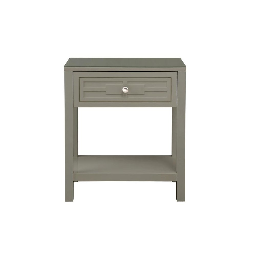 Dylan Taupe Wooden End Side Table Nightstand with Glass Top and Drawer