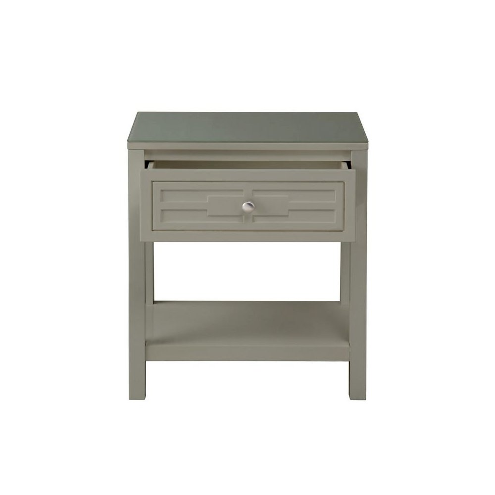Dylan Taupe Wooden End Side Table Nightstand with Glass Top and Drawer