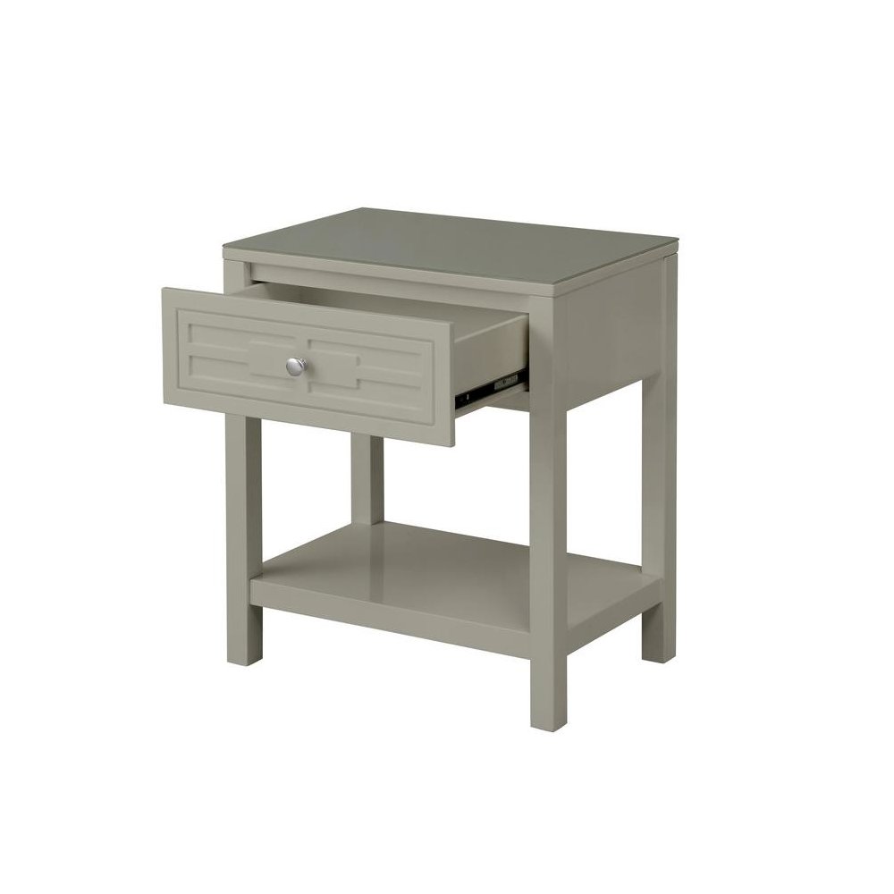 Dylan Taupe Wooden End Side Table Nightstand with Glass Top and Drawer