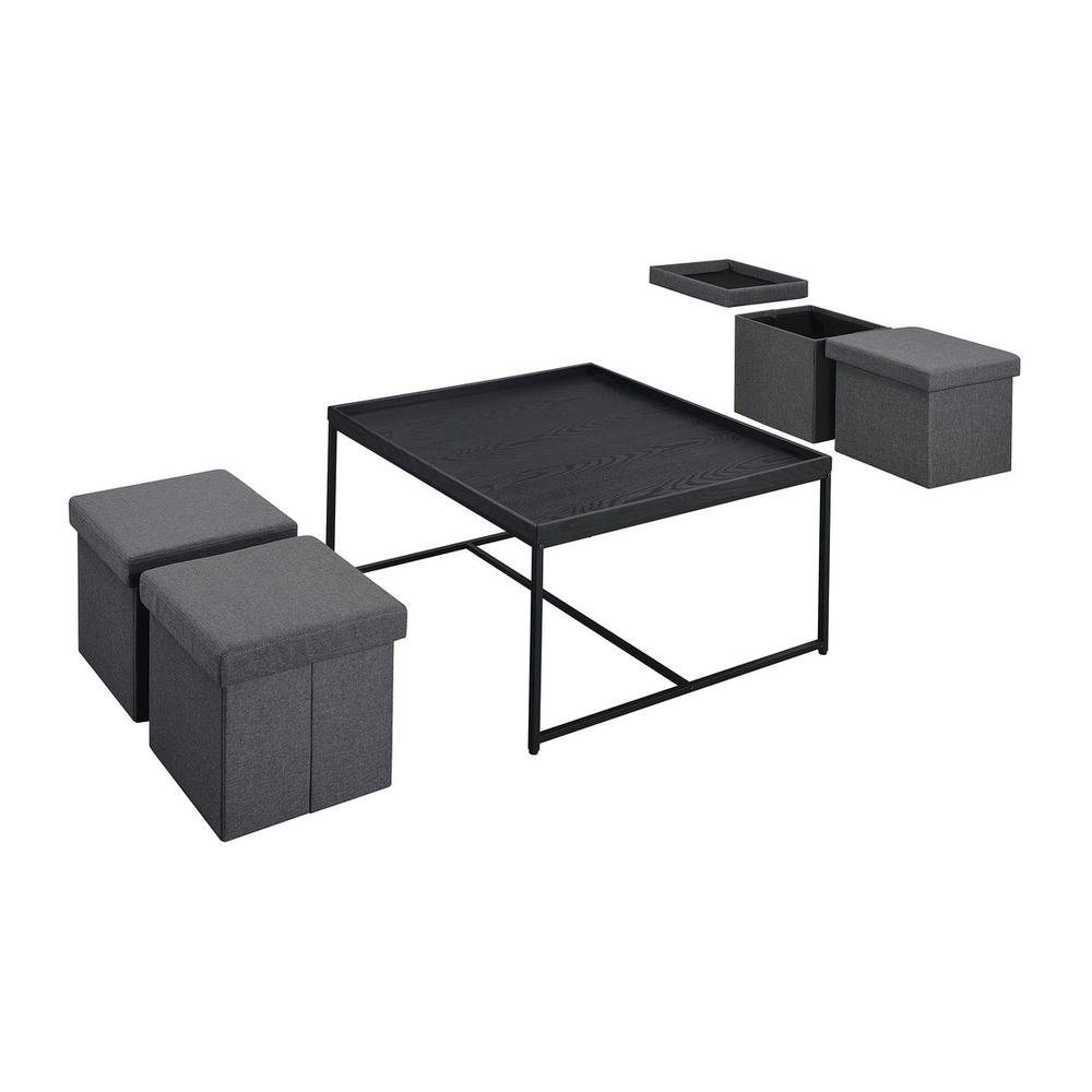 Vinny Black Wood Grain 5 Piece Coffee Table Set with Raised Edges