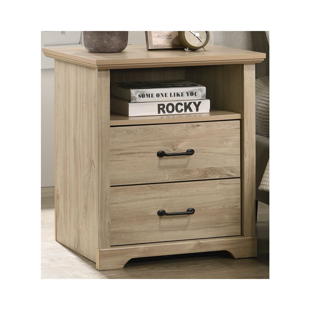 22″W Light Oak Finish 2-Drawer Nightstand Bedside Table with USB Charging  Ports