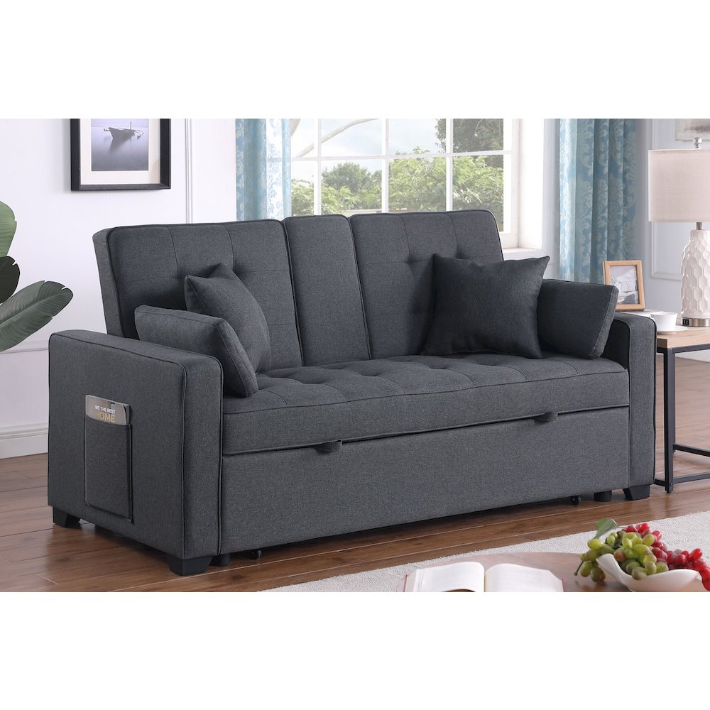 Cody II 70″W Dark Gray Linen Convertible Sleeper Loveseat with Dropdown Console