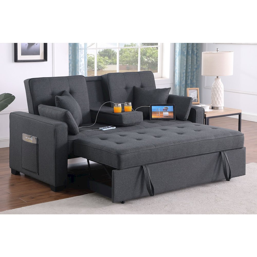 Cody II 70″W Dark Gray Linen Convertible Sleeper Loveseat with Dropdown Console