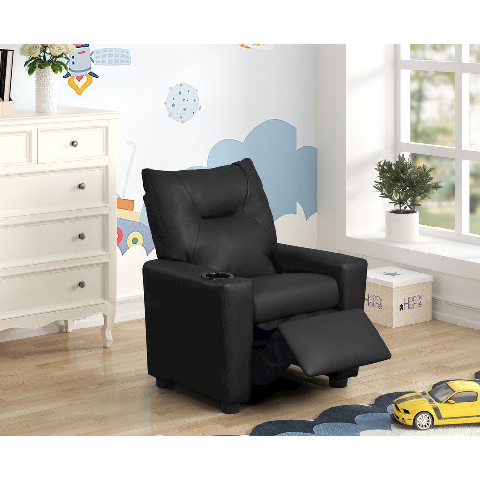 Perline 23″W Black PVC Fabric Kids Recliner Chair with Cupholder