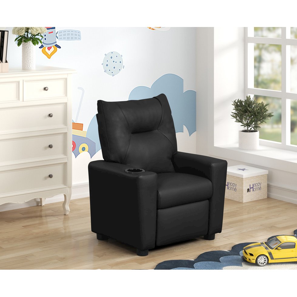 Perline 23″W Black PVC Fabric Kids Recliner Chair with Cupholder