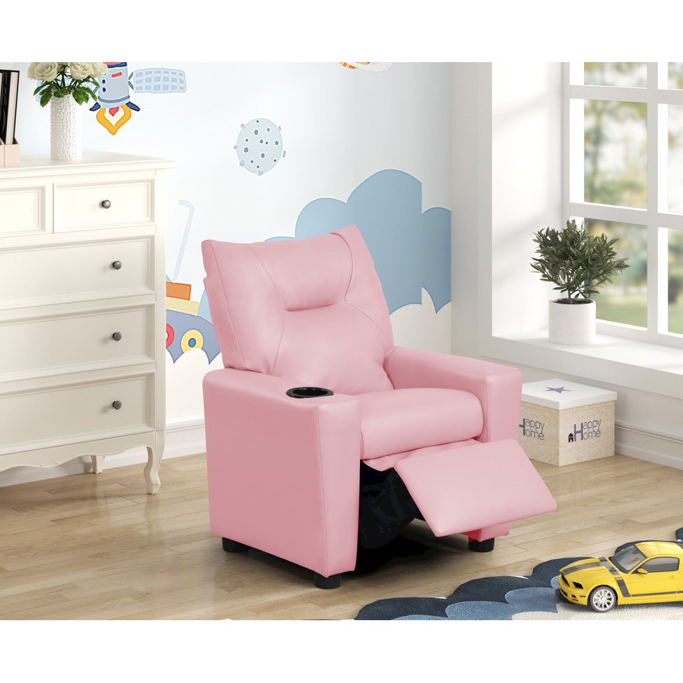 Perline 23″W Pink PVC Fabric Kids Recliner Chair with Cupholder