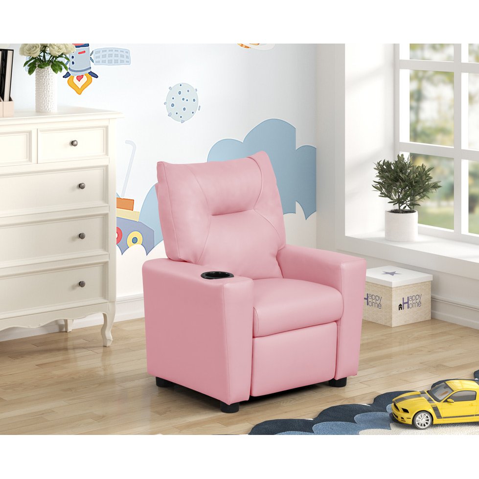Perline 23″W Pink PVC Fabric Kids Recliner Chair with Cupholder