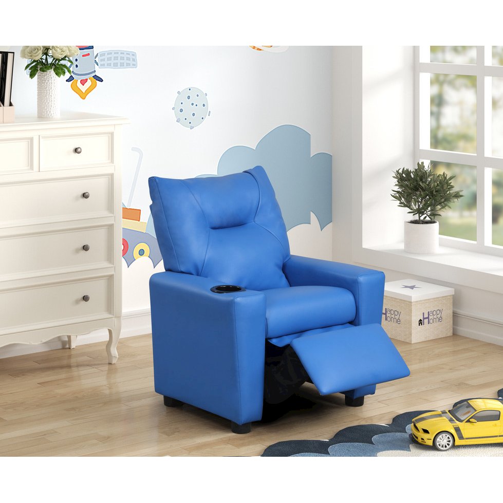 Perline 23″W Blue PVC Fabric Kids Recliner Chair with Cupholder
