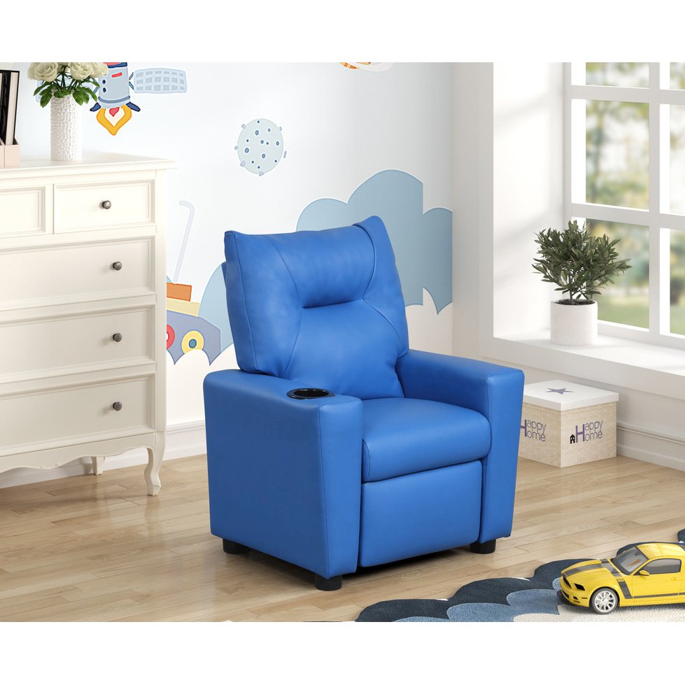 Perline 23″W Blue PVC Fabric Kids Recliner Chair with Cupholder
