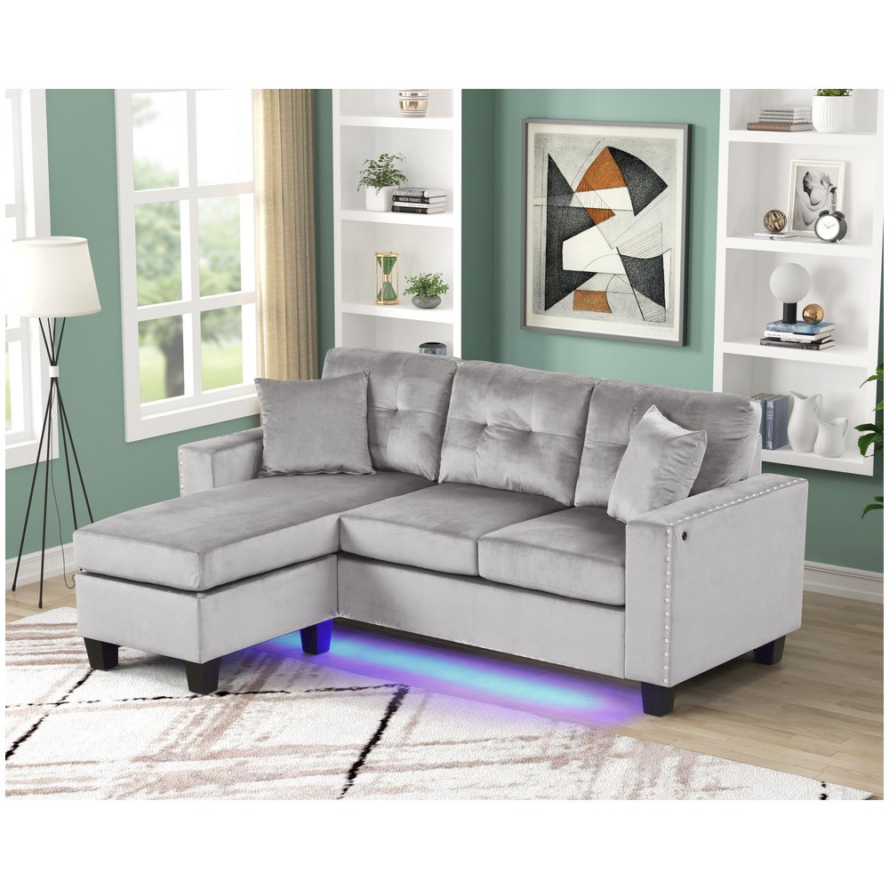 74″W Gray Velvet Reversible Sectional Sofa Chaise