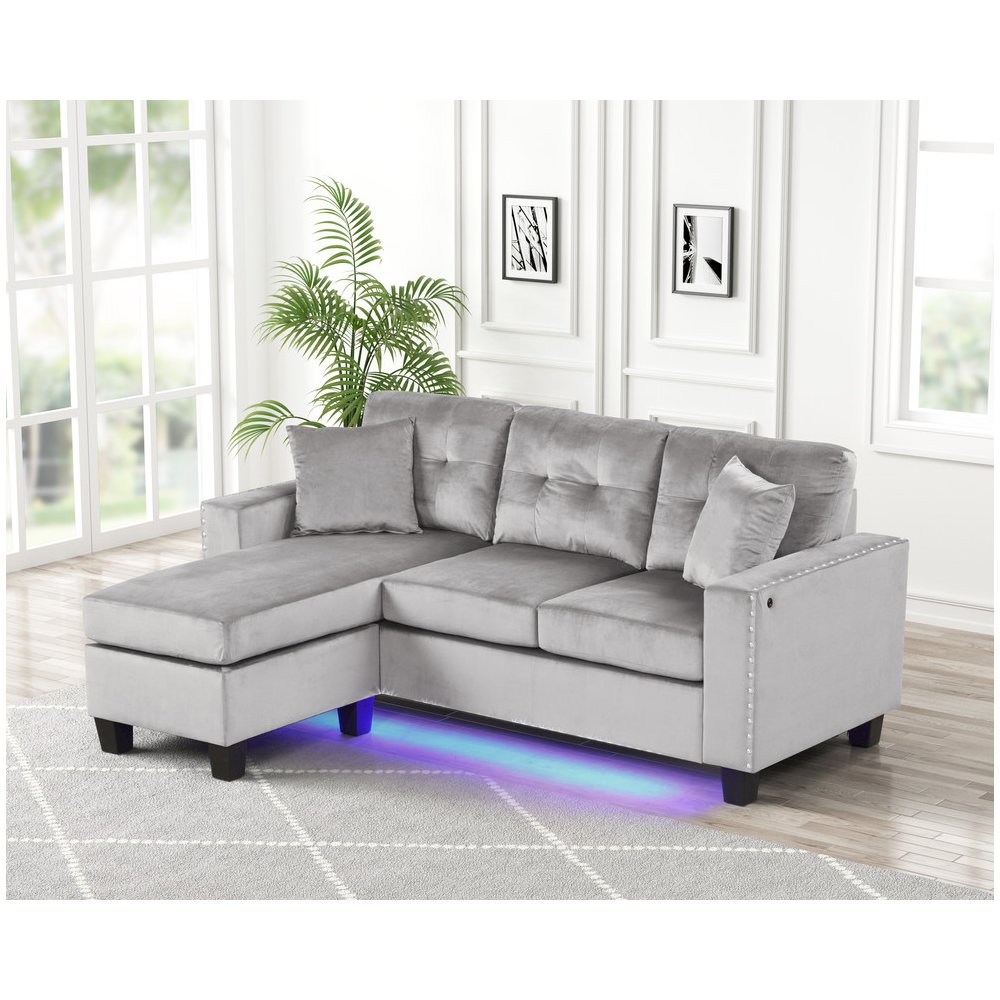 74″W Gray Velvet Reversible Sectional Sofa Chaise