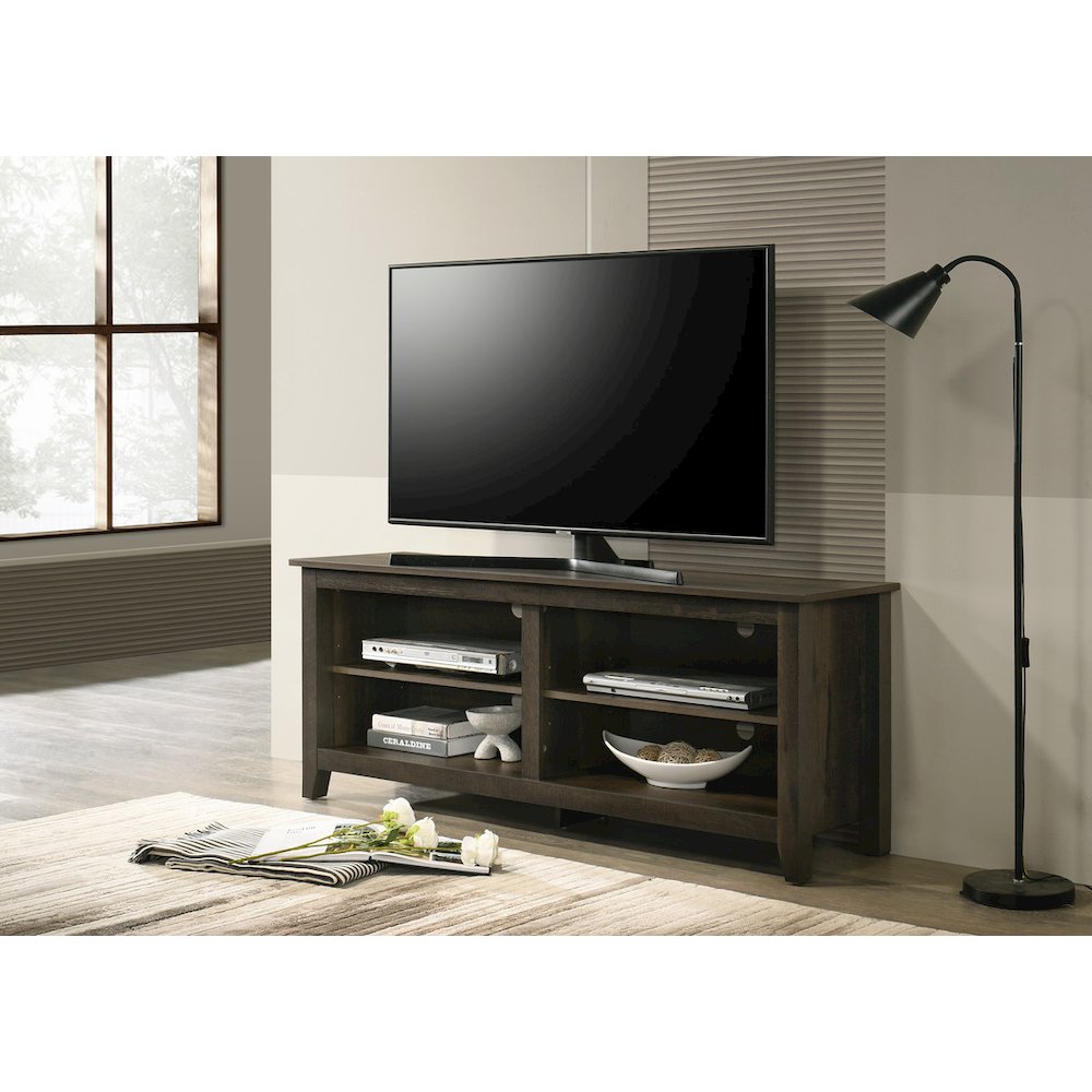 58″ Wide Dark Dusty Oak Finish TV Stand with Open Shelves and Cable Management