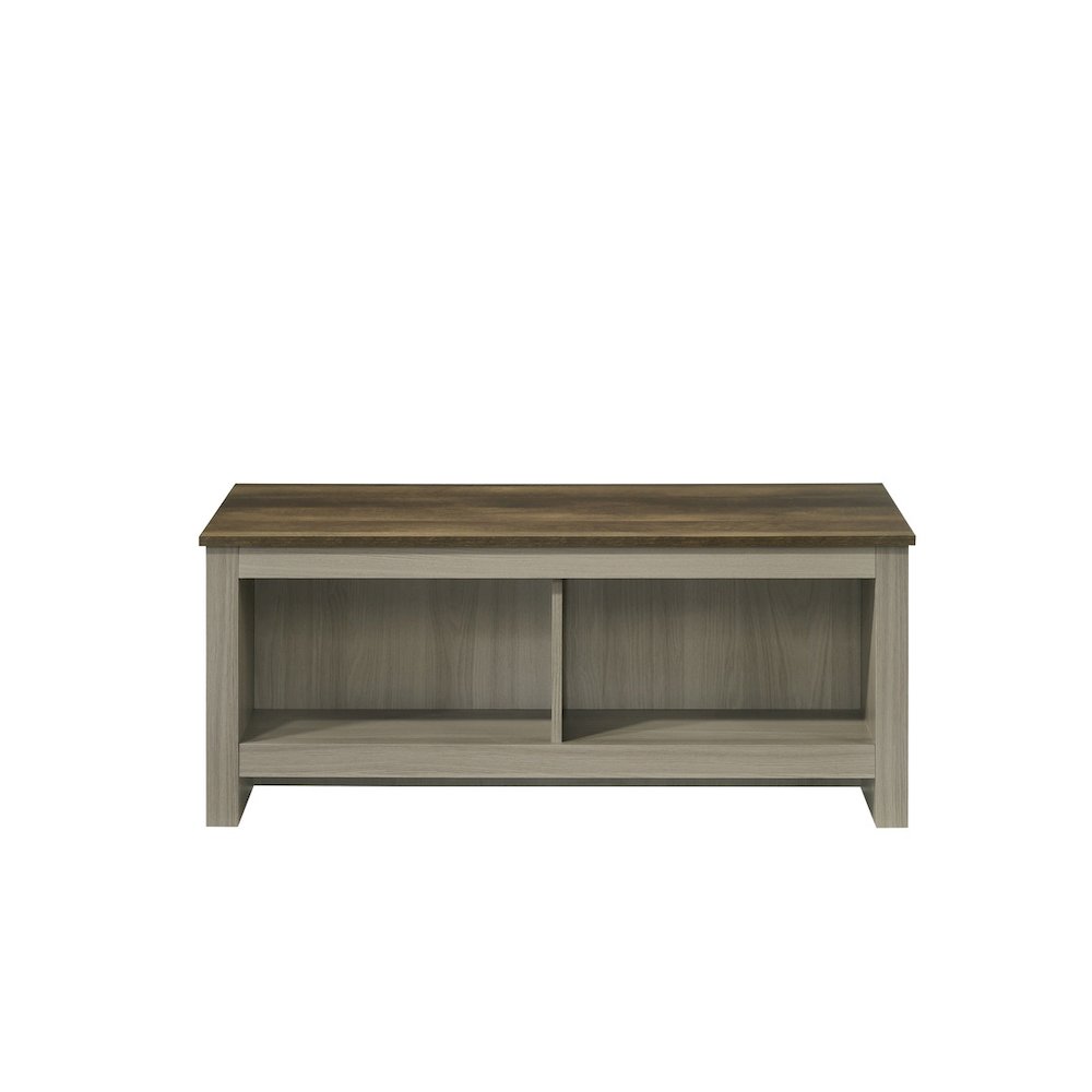 Nyla 43″W Gray Oak Coffee Table with Open Shelves Front and Back