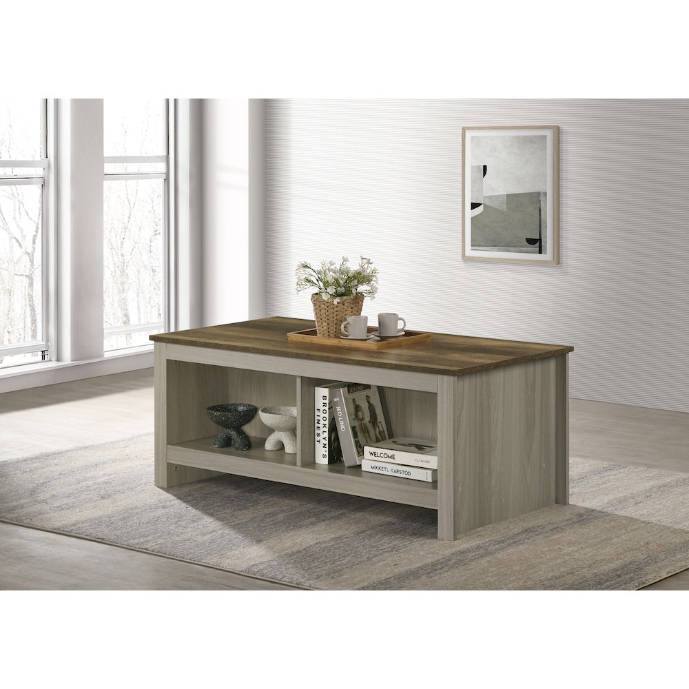 Nyla 43″W Gray Oak Coffee Table with Open Shelves Front and Back