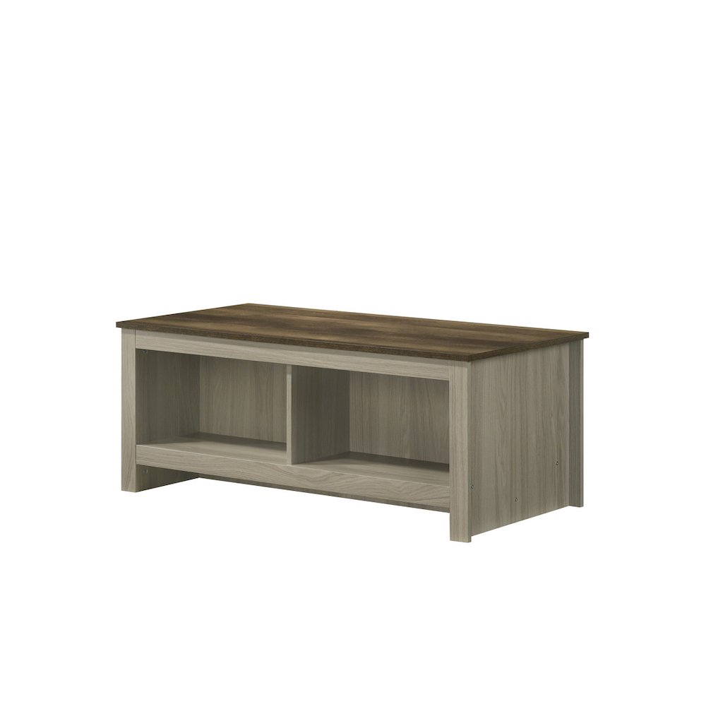 Nyla 43″W Gray Oak Coffee Table with Open Shelves Front and Back