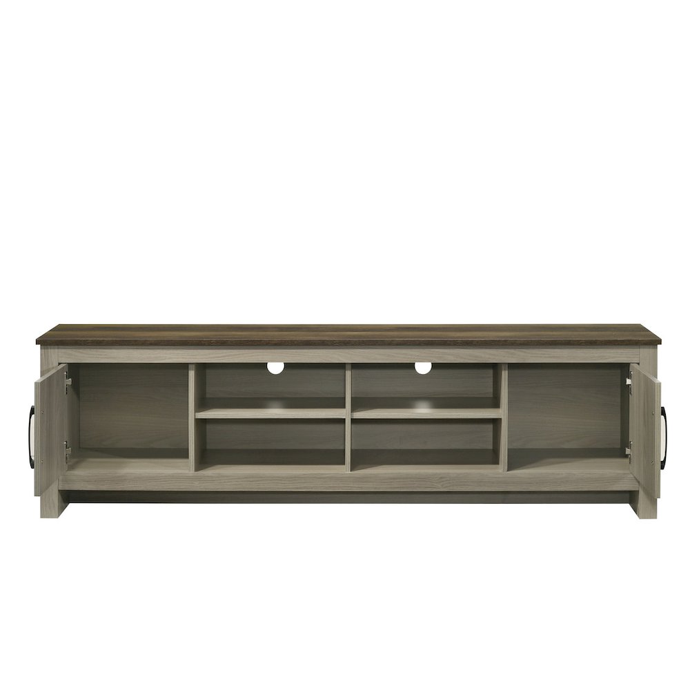 Nyla 68.5″W Gray Oak TV Stand with Shelves and Cabinet Doors