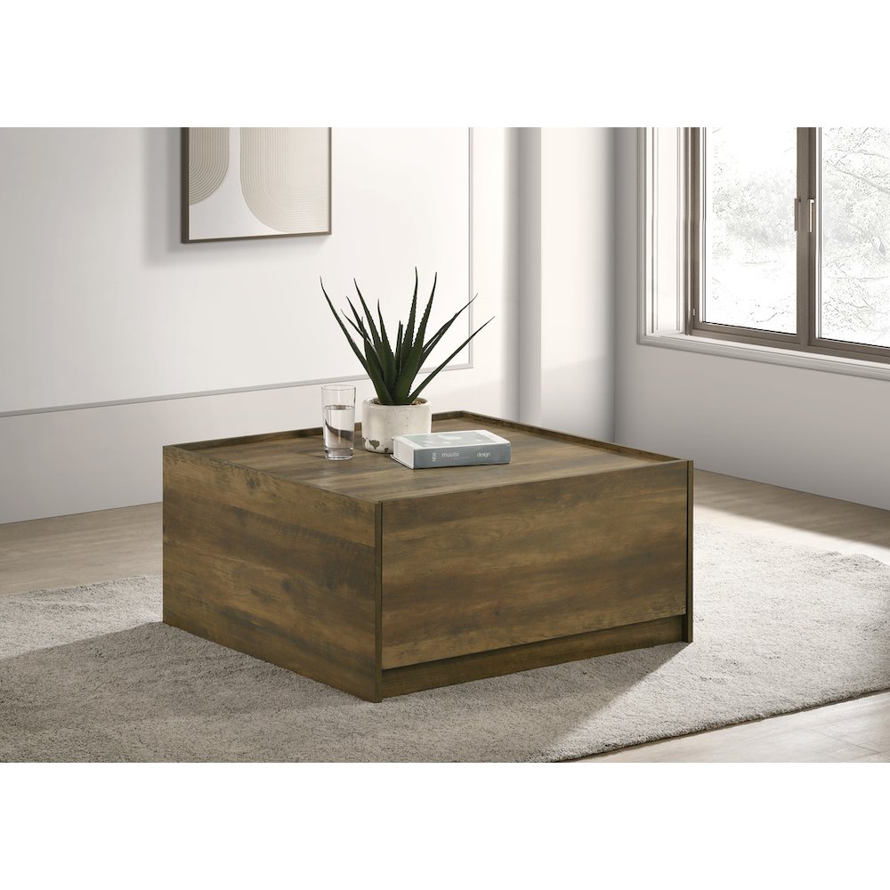 Travon 31.5″W Oak Finish Square Coffee Table with 2 Drawers