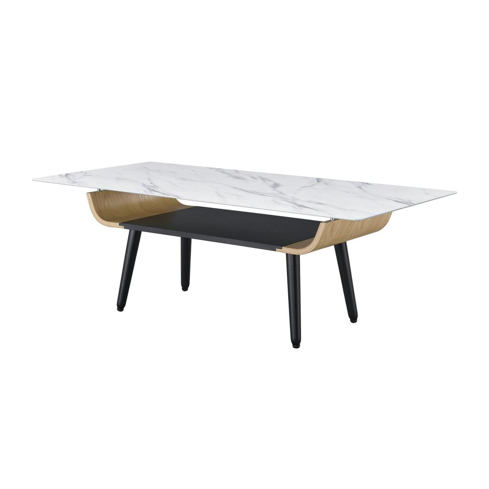 Landon Coffee Table with Glass White Marble Texture Top and Bent Wood Design