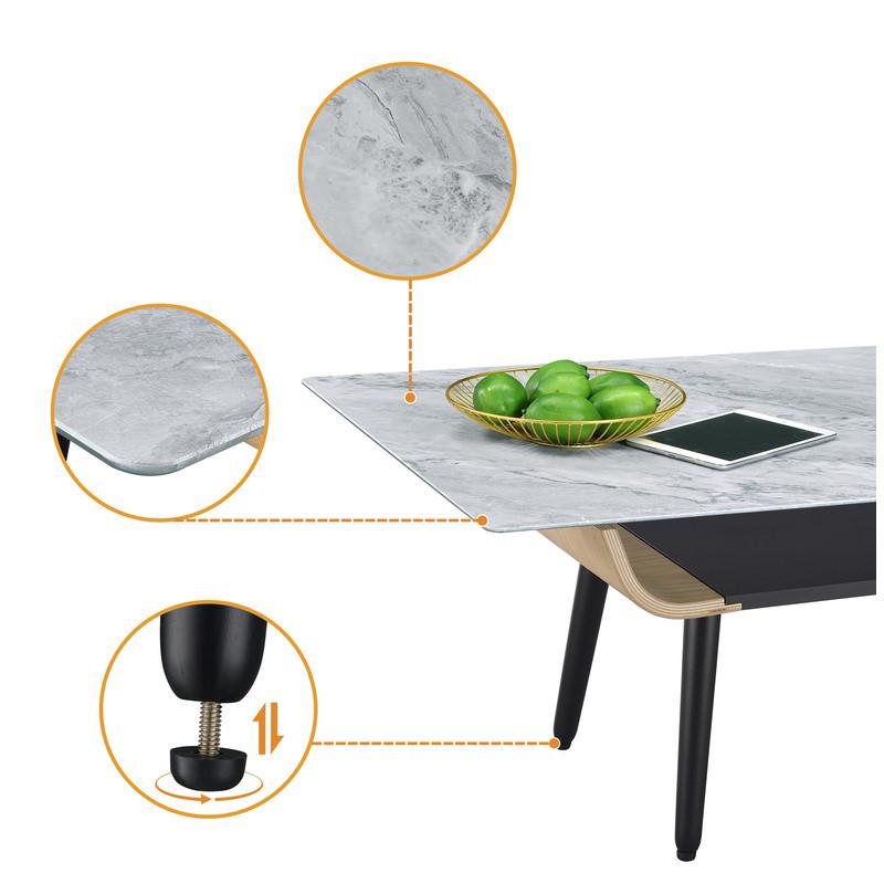 Landon Coffee Table with Glass Gray Marble Texture Top and Bent Wood Design