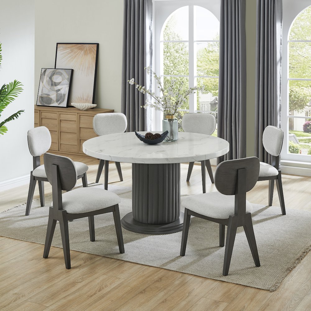 Valencia 7-Piece 54″ Round White Faux Marble Dining Set