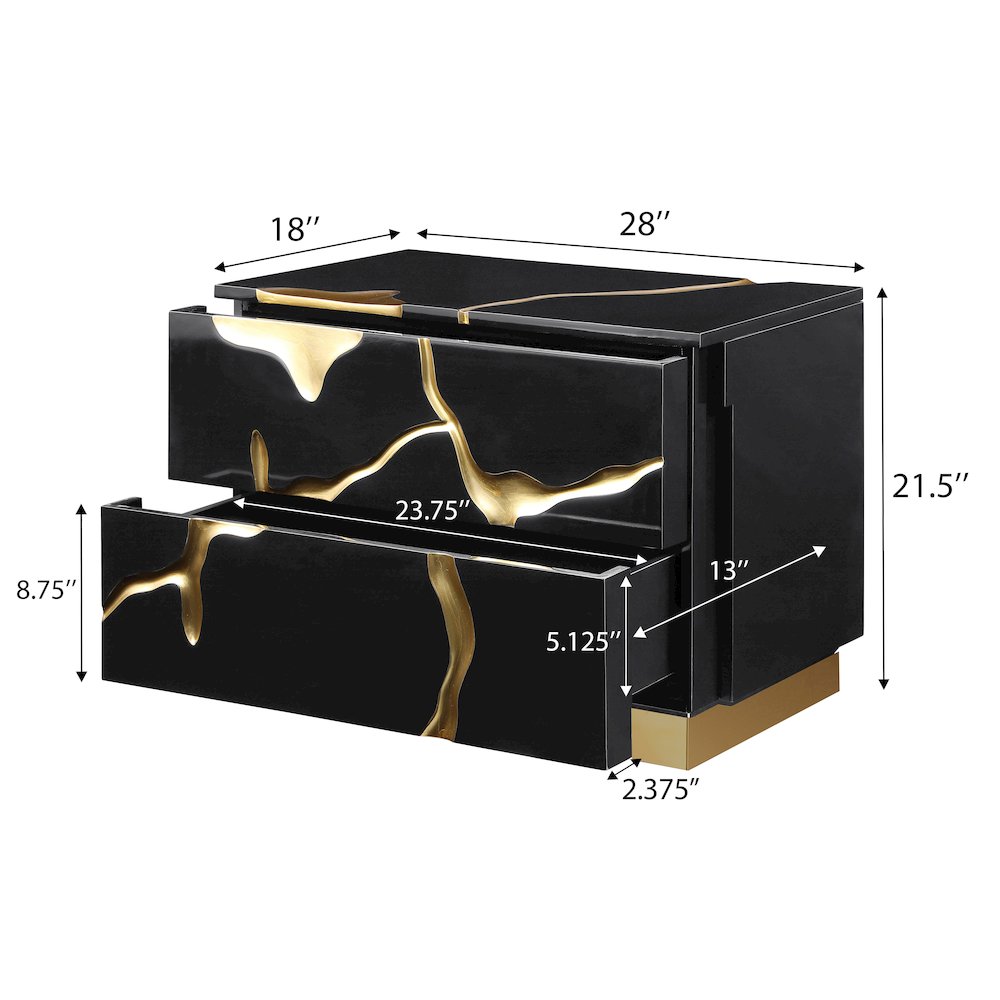 High-Gloss Lacquered Nightstand with Striking Gold Crack Accents and Gold Base