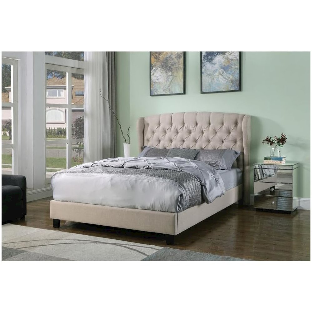 Frances Solid Wood/Fabric Upholstry Queen Platform Bed – Beige