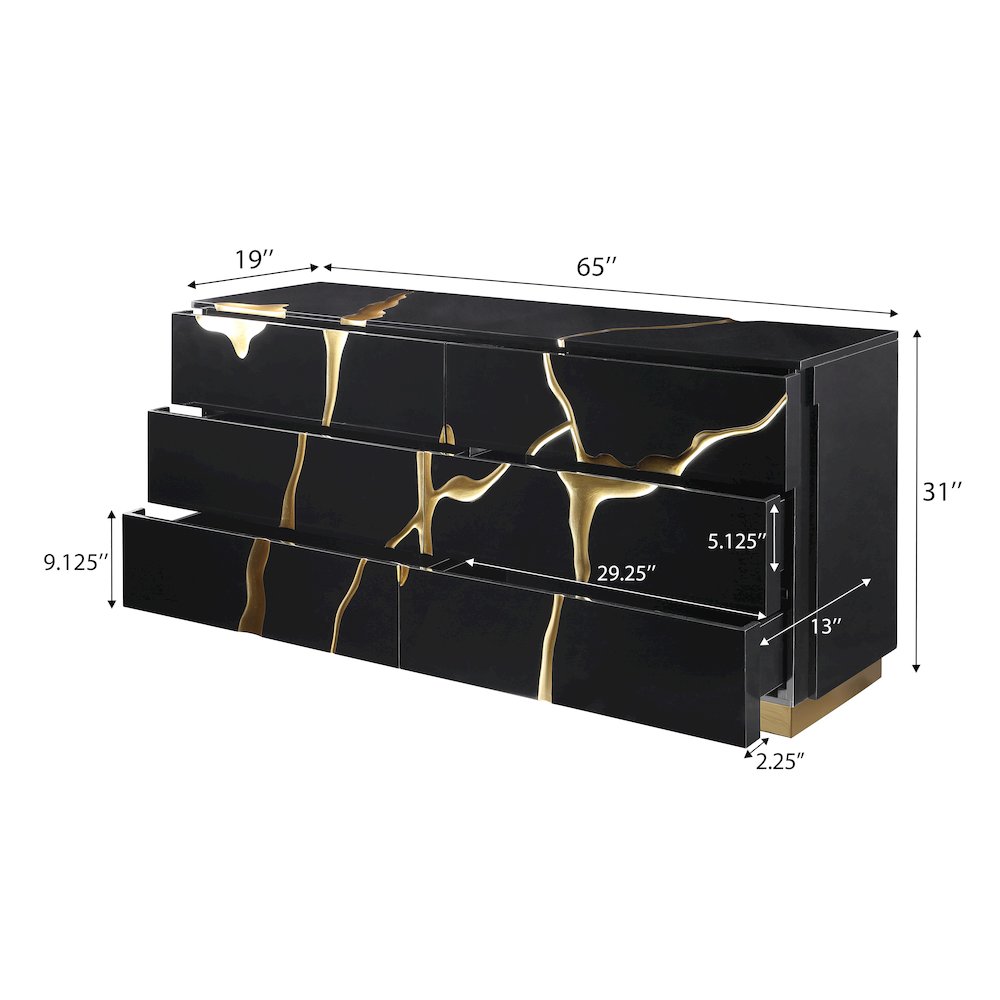 Modern Lacquered Dresser with Striking Gold Crack Accents and Gold Base