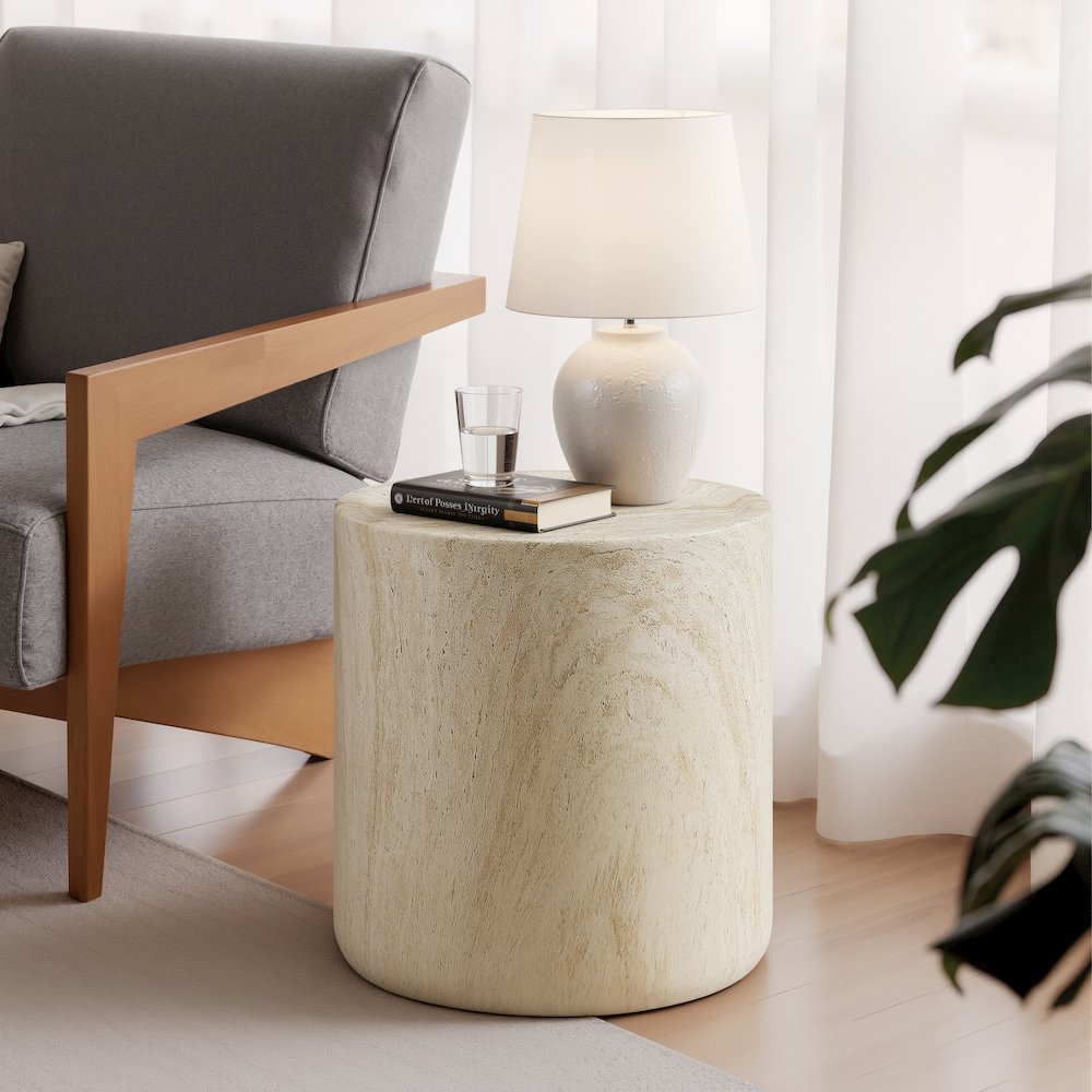 18″ Round End Table Concrete Travertine Finish
