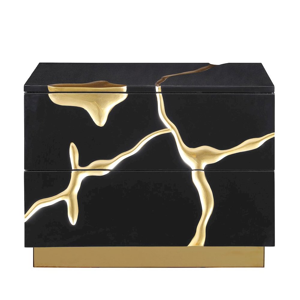 High-Gloss Lacquered Nightstand with Striking Gold Crack Accents and Gold Base