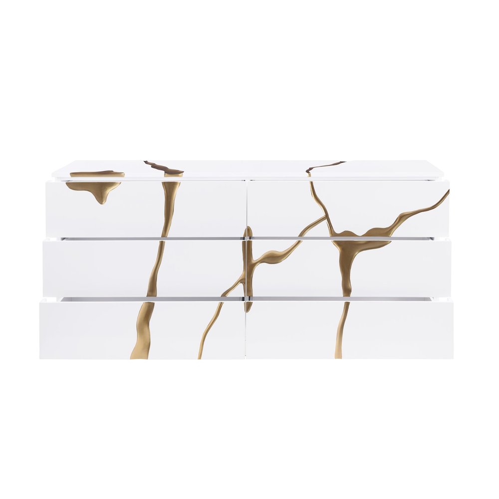 Modern High-Gloss Lacquered Dresser with Gold Crack Accents and Gold Base
