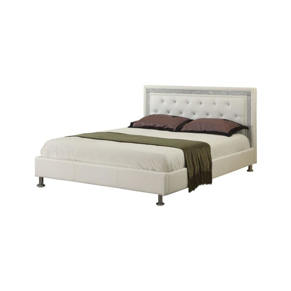 Best Master Faux Leather Queen Platform Bed with Crystal Tufted Buttons in White