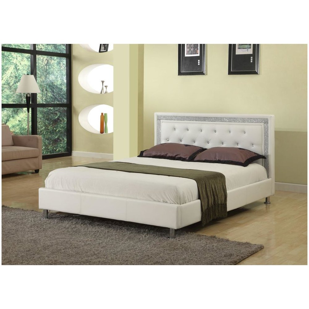 Best Master Faux Leather Queen Platform Bed with Crystal Tufted Buttons in White