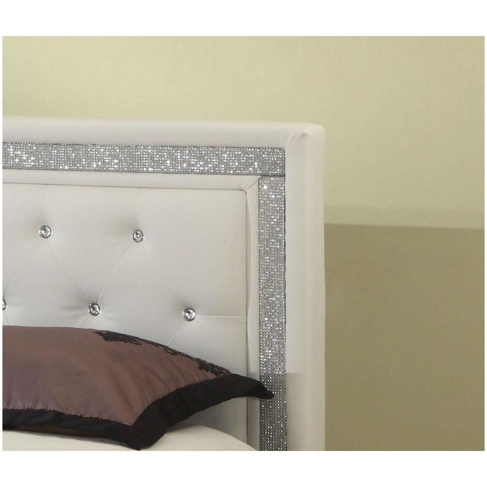 Best Master Faux Leather Queen Platform Bed with Crystal Tufted Buttons in White