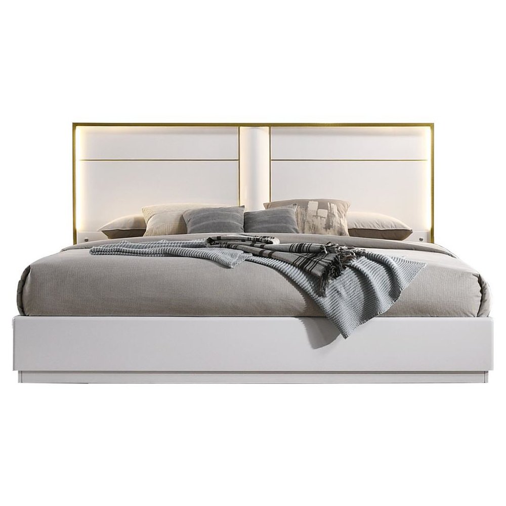 Best Master Havana Poplar Wood East King Platform Bed in White with Gold Trim