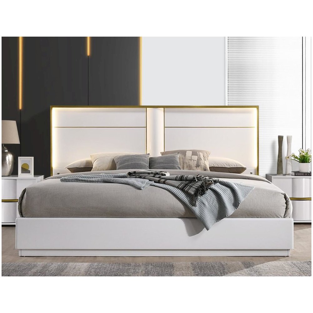 Best Master Havana Poplar Wood East King Platform Bed in White with Gold Trim