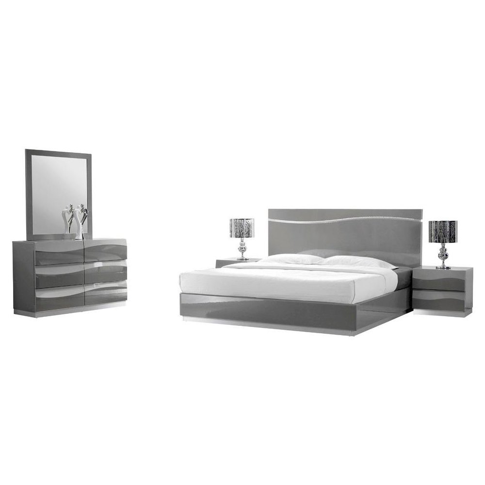 Best Master Leon 5-Piece Poplar Wood Queen Bedroom Set in Gray High Gloss