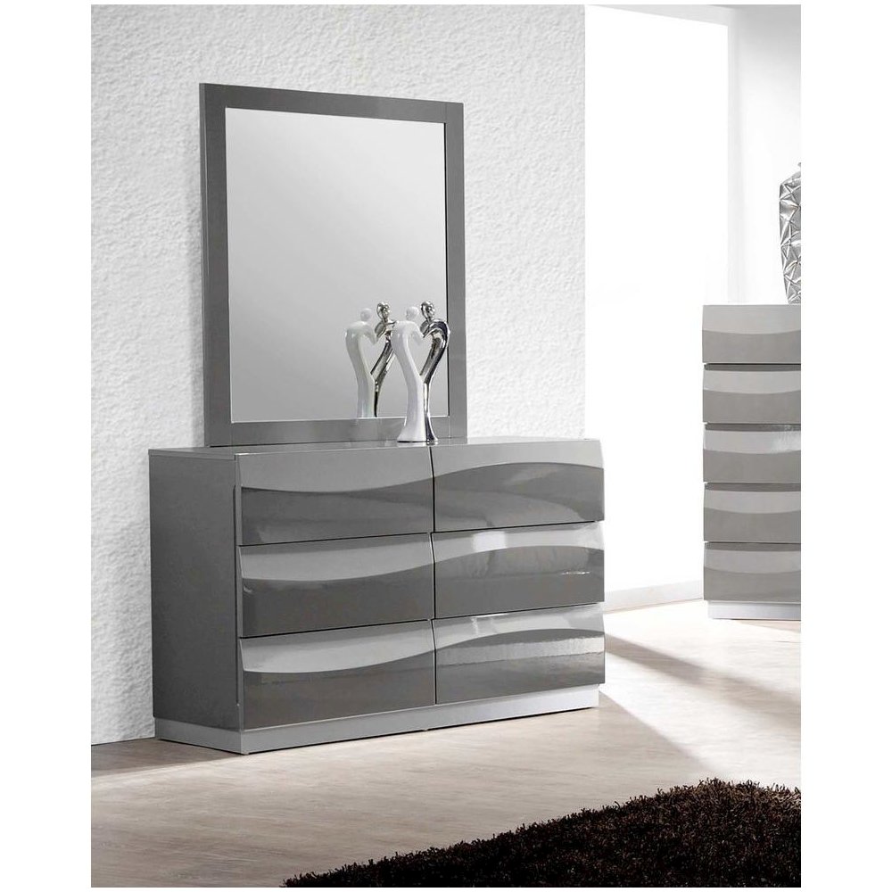 Best Master Leon 2-Piece Poplar Wood Dresser and Mirror Set in Gray High Gloss