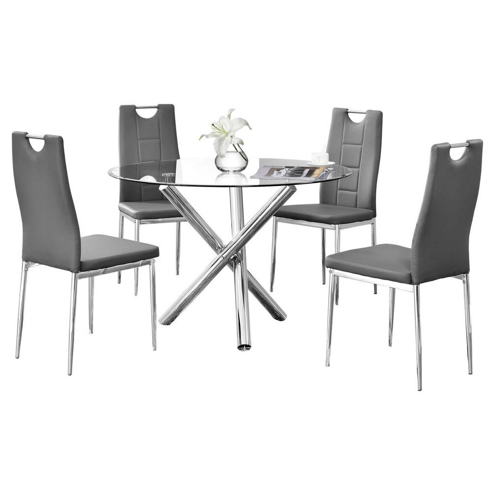 Best Master Beverly 5-Piece Faux Leather Round Glass Dinette Set – Gray