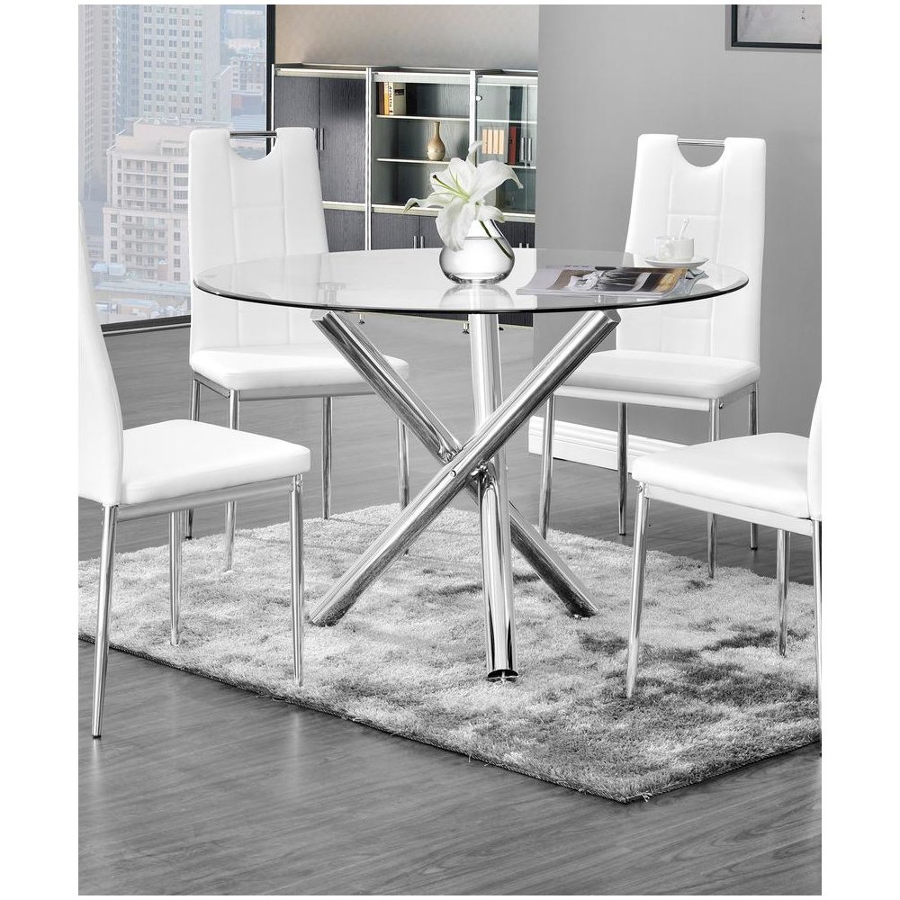 Best Master Beverly 43″ Round Glass w/Stainless Steel Legs Dining Table – Silver