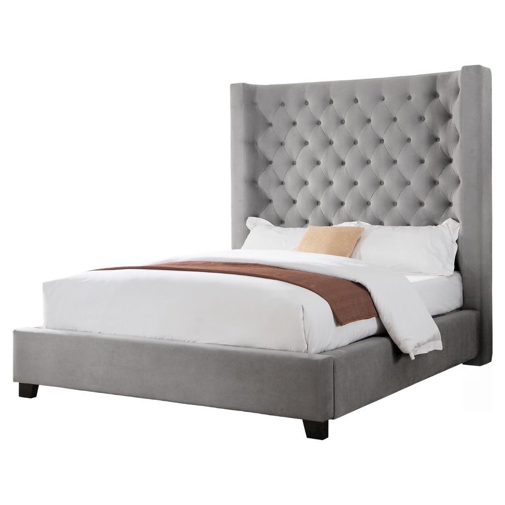 Best Master Jamie Velvet Upholstered Tower High Profile Cal King Bed in Gray